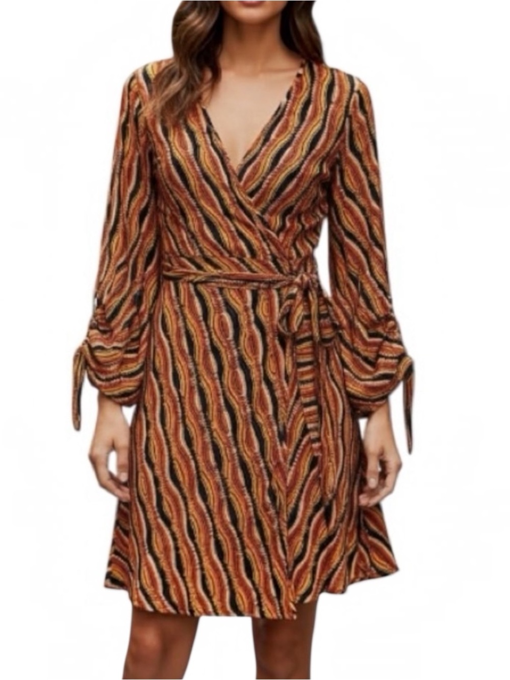 NEW Eva Franco Diagonal Knit Patterned Wrap Dress Metallic Detail Orange Brown 2